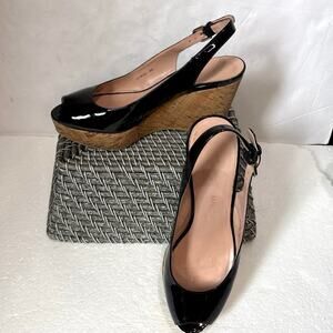 Stuart Weitzman Black Patent Leather Sling back Peep Toe Cork Wedge Heel 8.5
